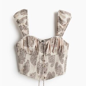 H&M Paisley Printed Tie-Front Crop Top in Cream and Brown